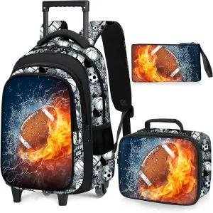 American Football Rolling Backpack for Boys - 3PCS Boys Rolling Backpack with Lunch Box Set for Kids Children Teens Elementary Middle School,Sport Roller Bookbag with Wheels for Age 6-18
