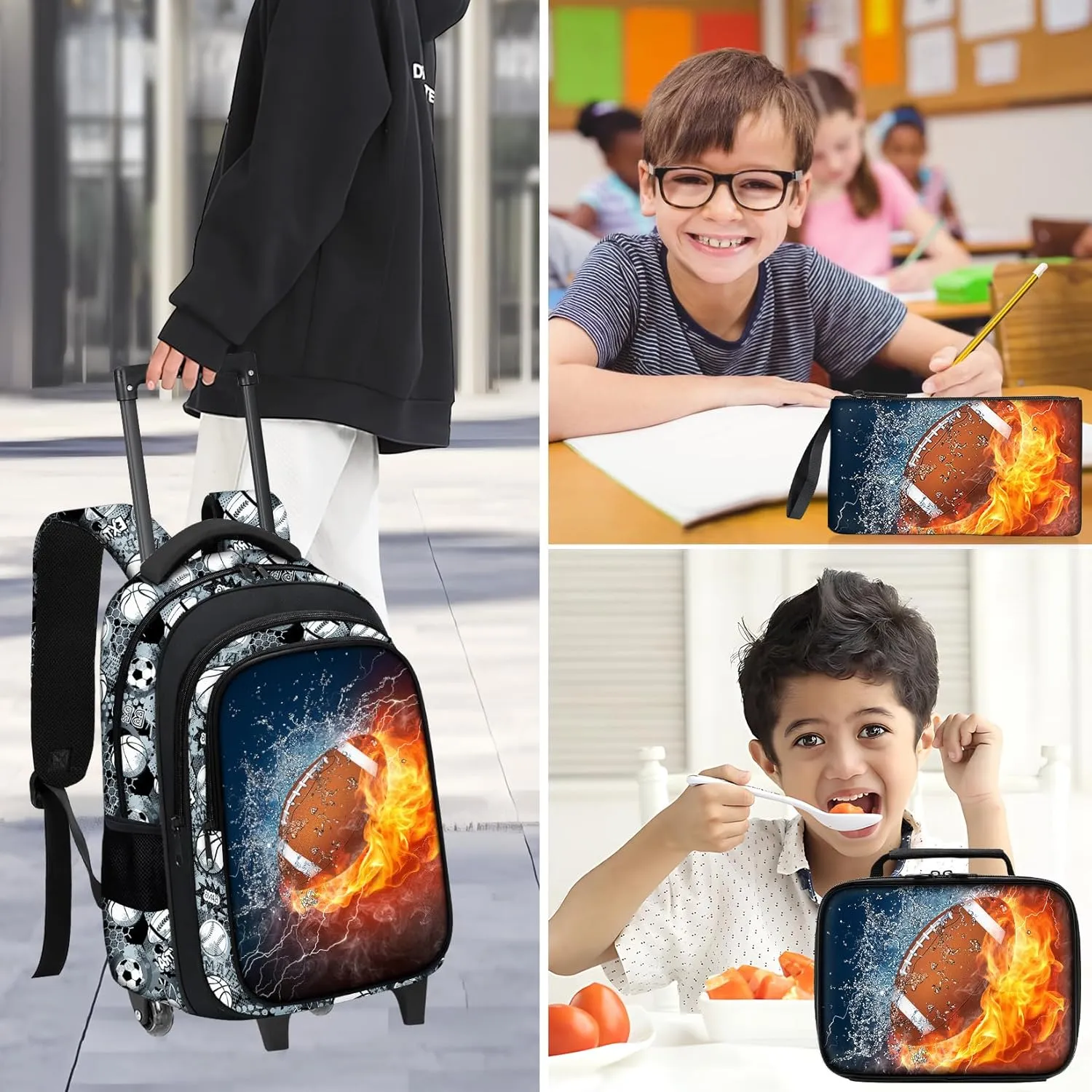American Football Rolling Backpack for Boys - 3PCS Boys Rolling Backpack with Lunch Box Set for Kids Children Teens Elementary Middle School,Sport Roller Bookbag with Wheels for Age 6-18