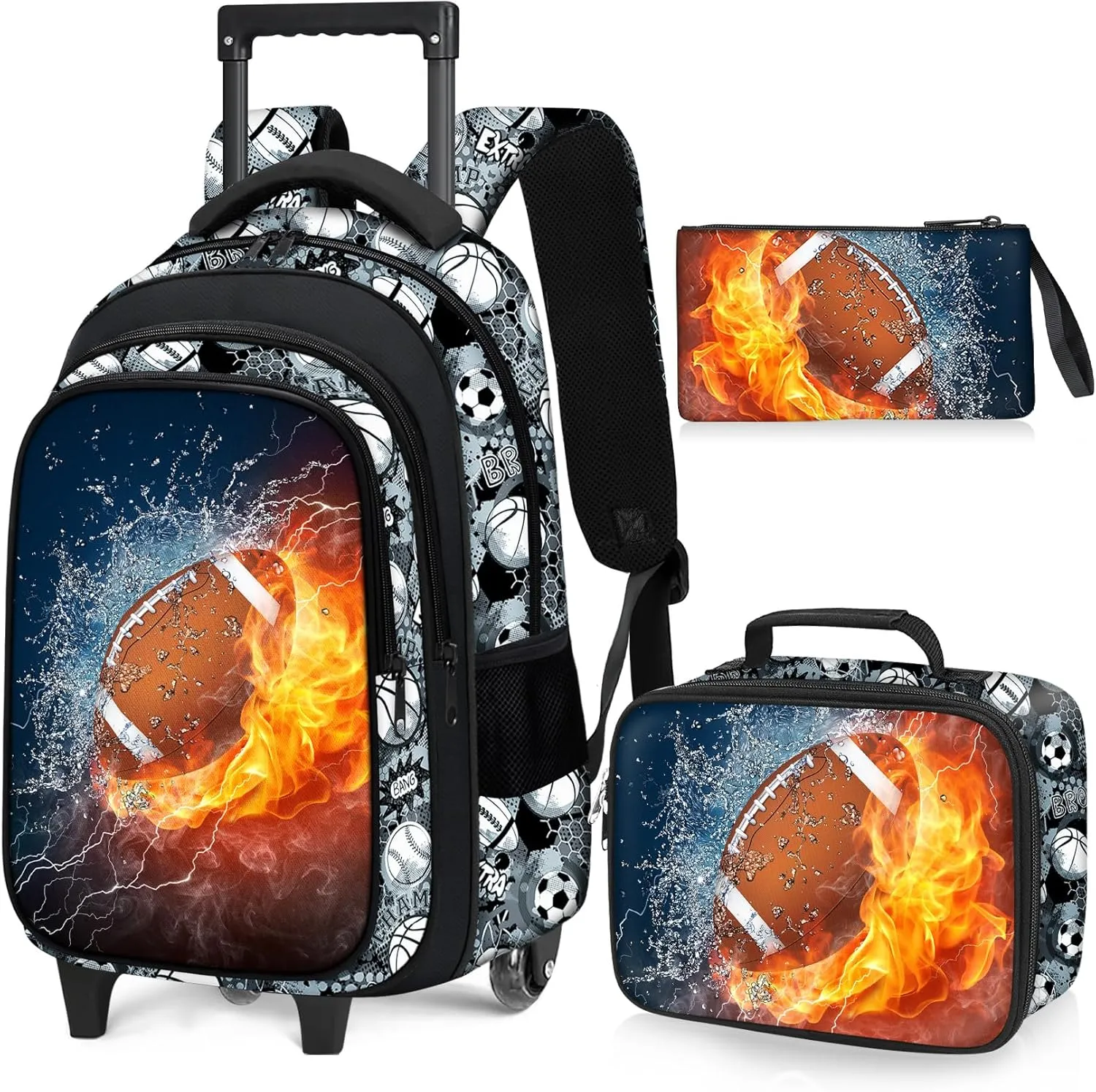 American Football Rolling Backpack for Boys - 3PCS Boys Rolling Backpack with Lunch Box Set for Kids Children Teens Elementary Middle School,Sport Roller Bookbag with Wheels for Age 6-18