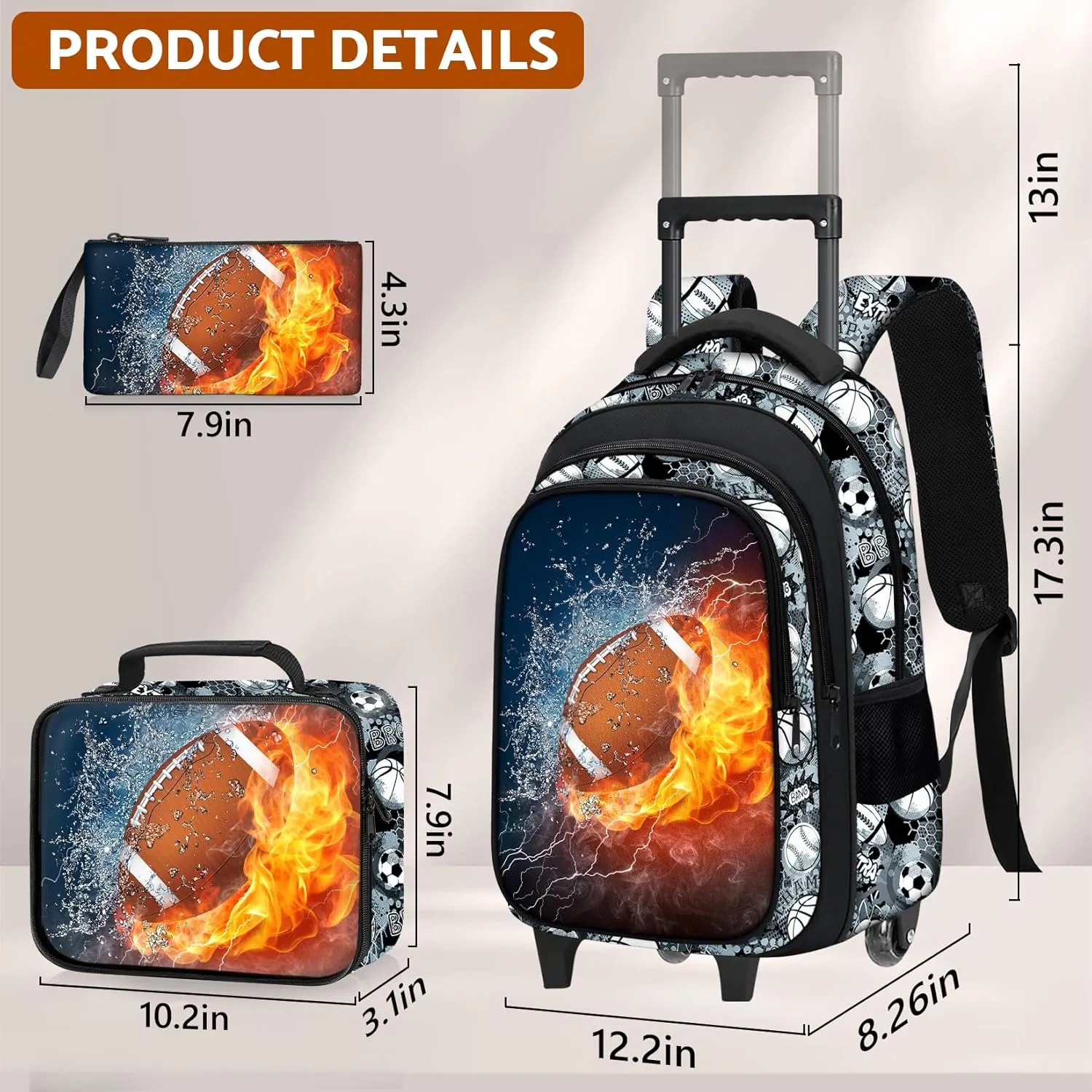 American Football Rolling Backpack for Boys - 3PCS Boys Rolling Backpack with Lunch Box Set for Kids Children Teens Elementary Middle School,Sport Roller Bookbag with Wheels for Age 6-18