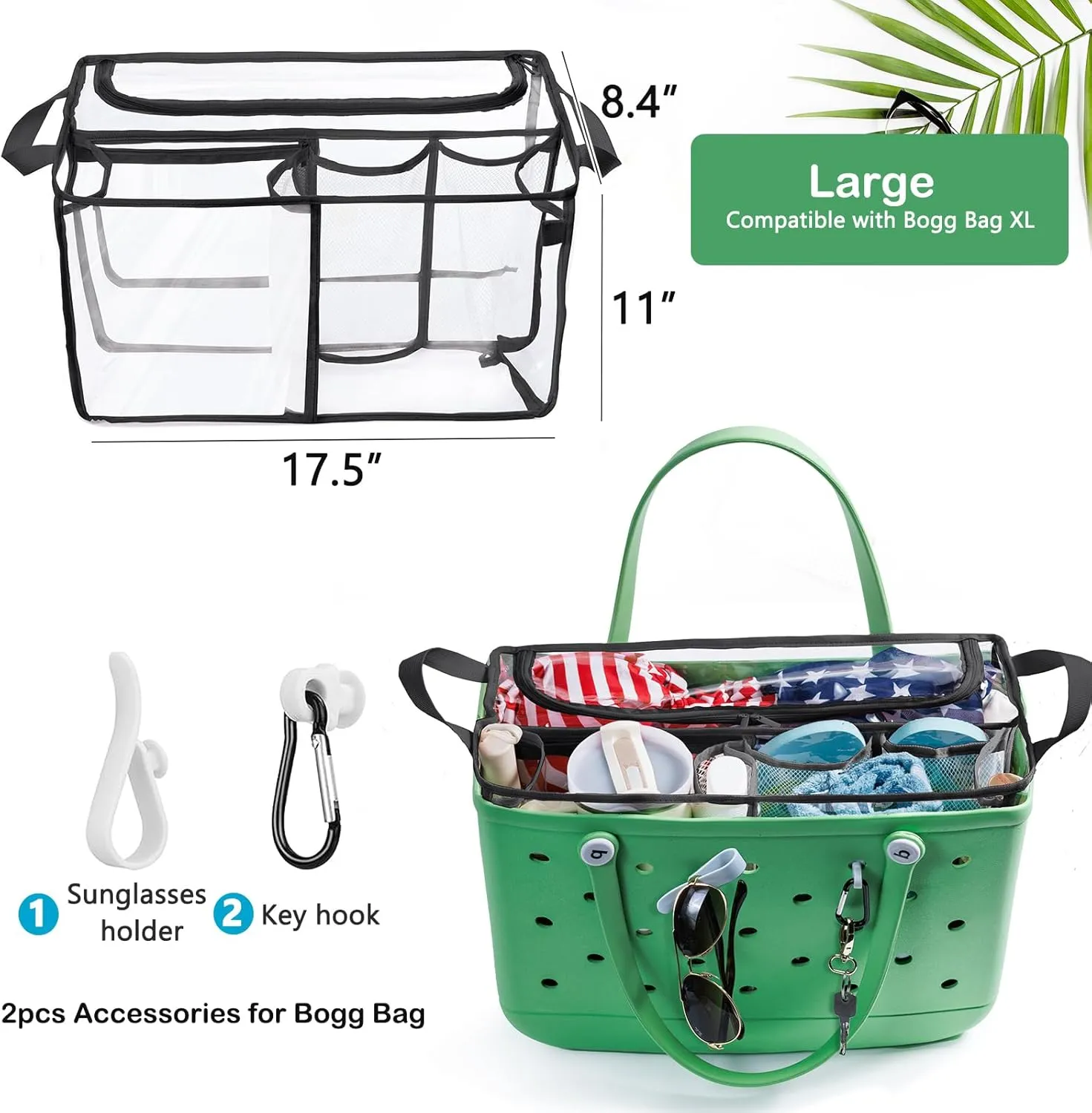 AMOIGEE Clear Beach Bag Organizer Insert with Zipper Closure Lid and 3pcs Accessories for Bogg Bag XL - Tote Insert Bag Divider with Sunglasses Holder, Clips Hooks