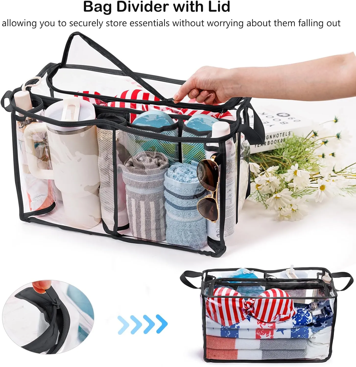 AMOIGEE Clear Beach Bag Organizer Insert with Zipper Closure Lid and 3pcs Accessories for Bogg Bag XL - Tote Insert Bag Divider with Sunglasses Holder, Clips Hooks