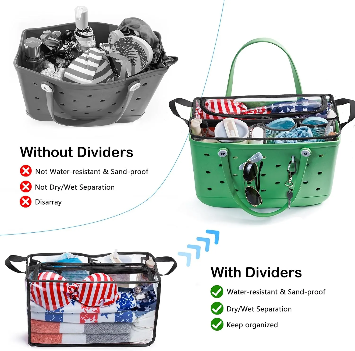 AMOIGEE Clear Beach Bag Organizer Insert with Zipper Closure Lid and 3pcs Accessories for Bogg Bag XL - Tote Insert Bag Divider with Sunglasses Holder, Clips Hooks