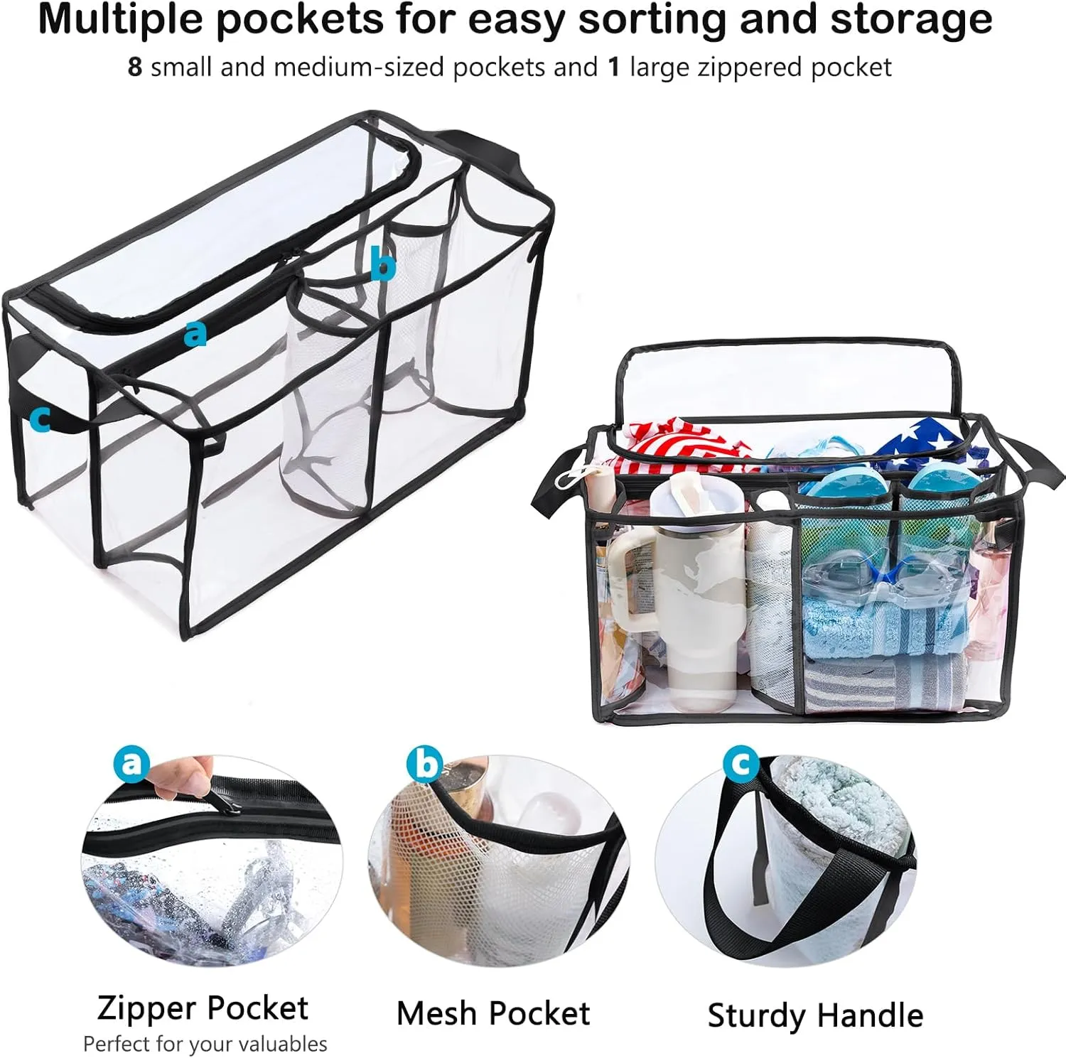 AMOIGEE Clear Beach Bag Organizer Insert with Zipper Closure Lid and 3pcs Accessories for Bogg Bag XL - Tote Insert Bag Divider with Sunglasses Holder, Clips Hooks