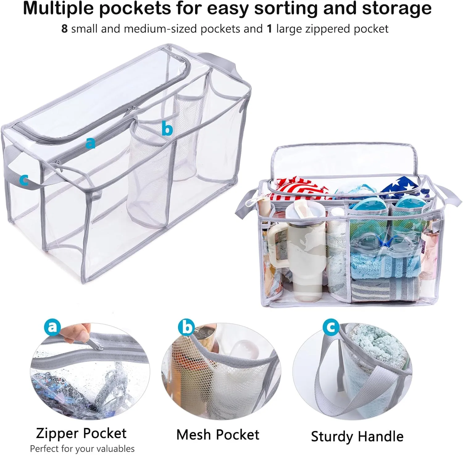 AMOIGEE Clear Beach Bag Organizer Insert with Zipper Closure Lid and 3pcs Accessories for Bogg Bag XL - Tote Insert Bag Divider with Sunglasses Holder, Clips Hooks