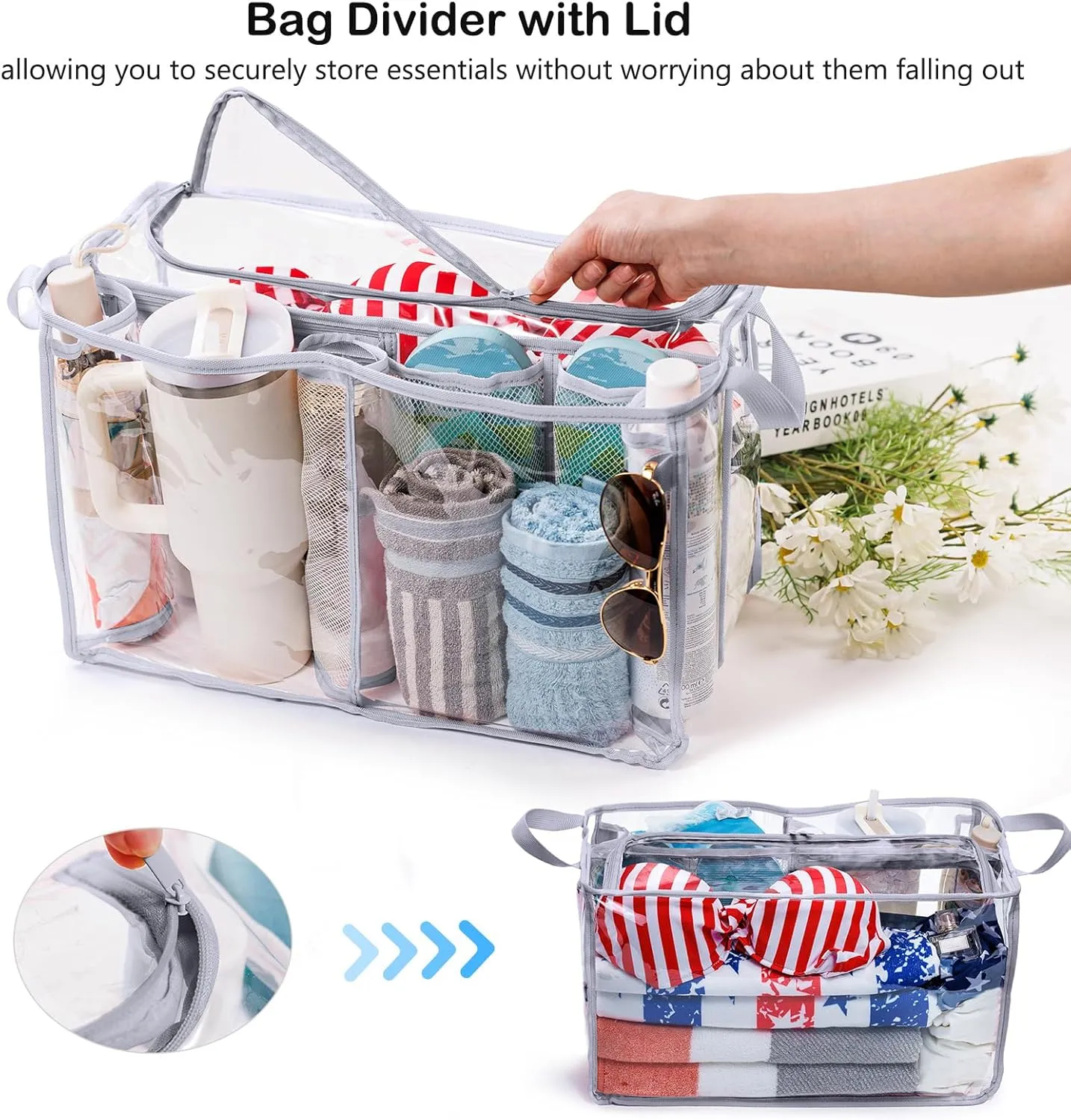 AMOIGEE Clear Beach Bag Organizer Insert with Zipper Closure Lid and 3pcs Accessories for Bogg Bag XL - Tote Insert Bag Divider with Sunglasses Holder, Clips Hooks