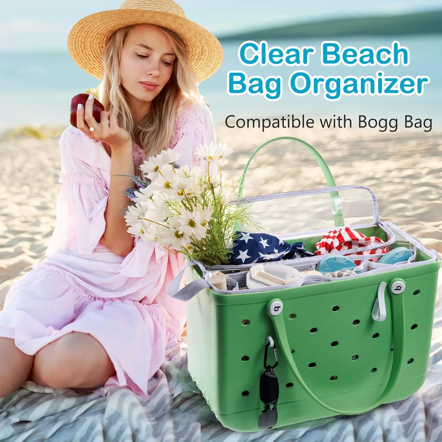 AMOIGEE Clear Beach Bag Organizer Insert with Zipper Closure Lid and 3pcs Accessories for Bogg Bag XL - Tote Insert Bag Divider with Sunglasses Holder, Clips Hooks