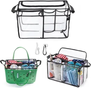 AMOIGEE Clear Beach Bag Organizer Insert with Zipper Closure Lid and 3pcs Accessories for Bogg Bag XL - Tote Insert Bag Divider with Sunglasses Holder, Clips Hooks