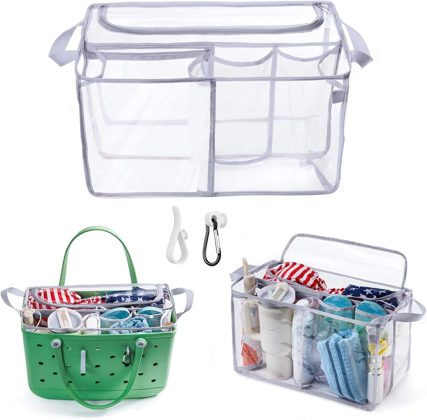 AMOIGEE Clear Beach Bag Organizer Insert with Zipper Closure Lid and 3pcs Accessories for Bogg Bag XL - Tote Insert Bag Divider with Sunglasses Holder, Clips Hooks