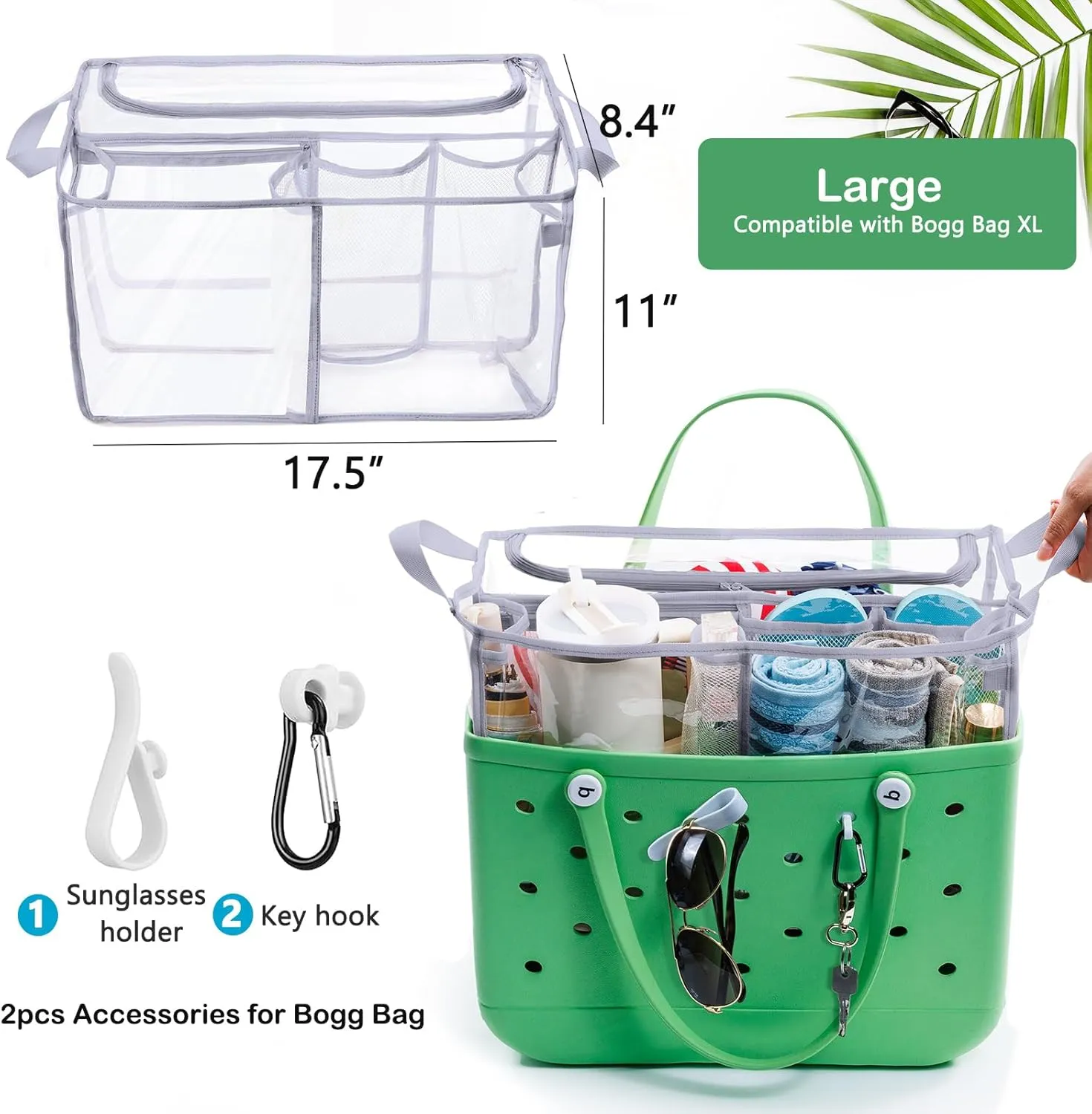 AMOIGEE Clear Beach Bag Organizer Insert with Zipper Closure Lid and 3pcs Accessories for Bogg Bag XL - Tote Insert Bag Divider with Sunglasses Holder, Clips Hooks