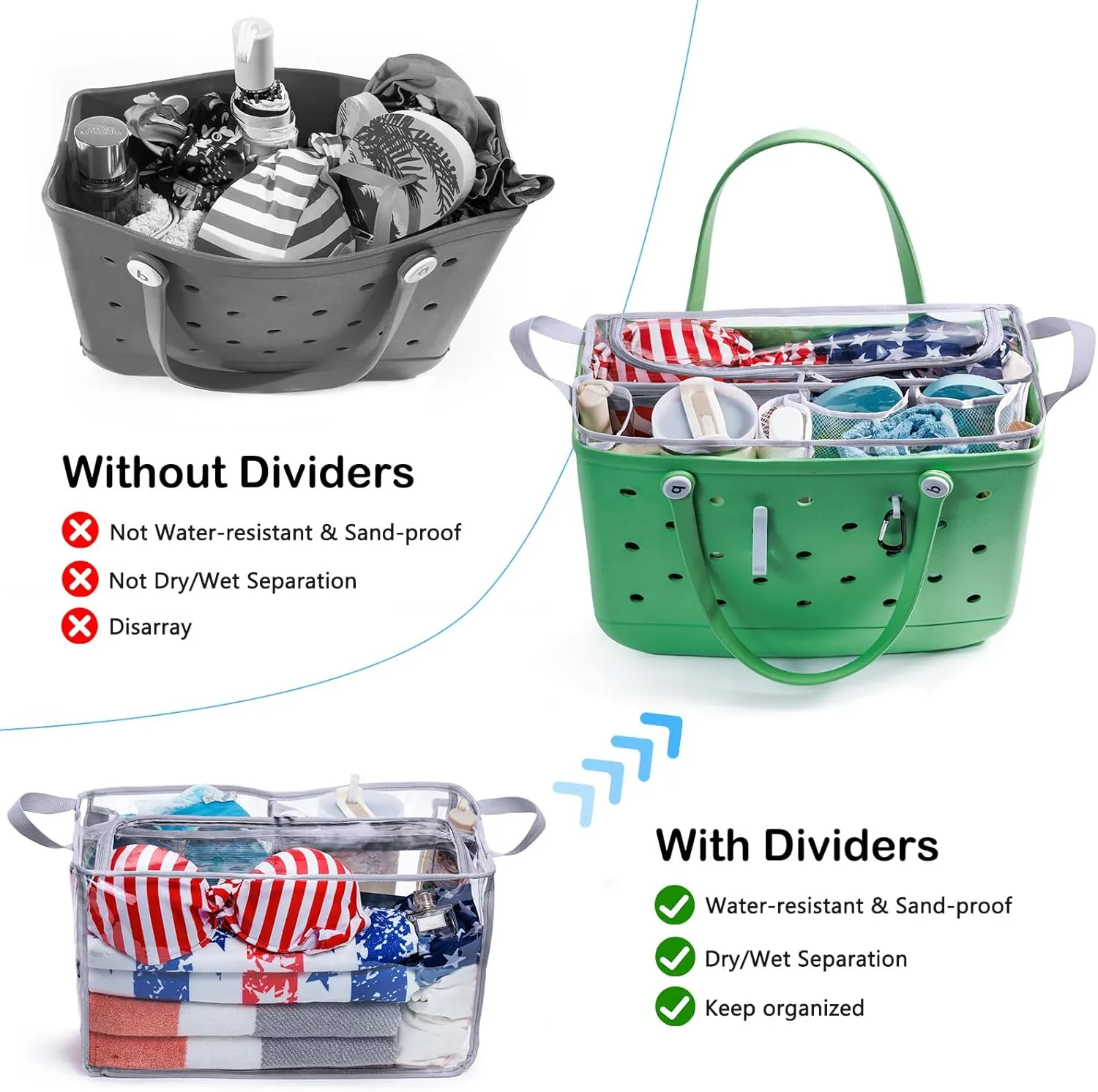 AMOIGEE Clear Beach Bag Organizer Insert with Zipper Closure Lid and 3pcs Accessories for Bogg Bag XL - Tote Insert Bag Divider with Sunglasses Holder, Clips Hooks
