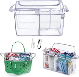 AMOIGEE Clear Beach Bag Organizer Insert with Zipper Closure Lid and 3pcs Accessories for Bogg Bag XL - Tote Insert Bag Divider with Sunglasses Holder, Clips Hooks