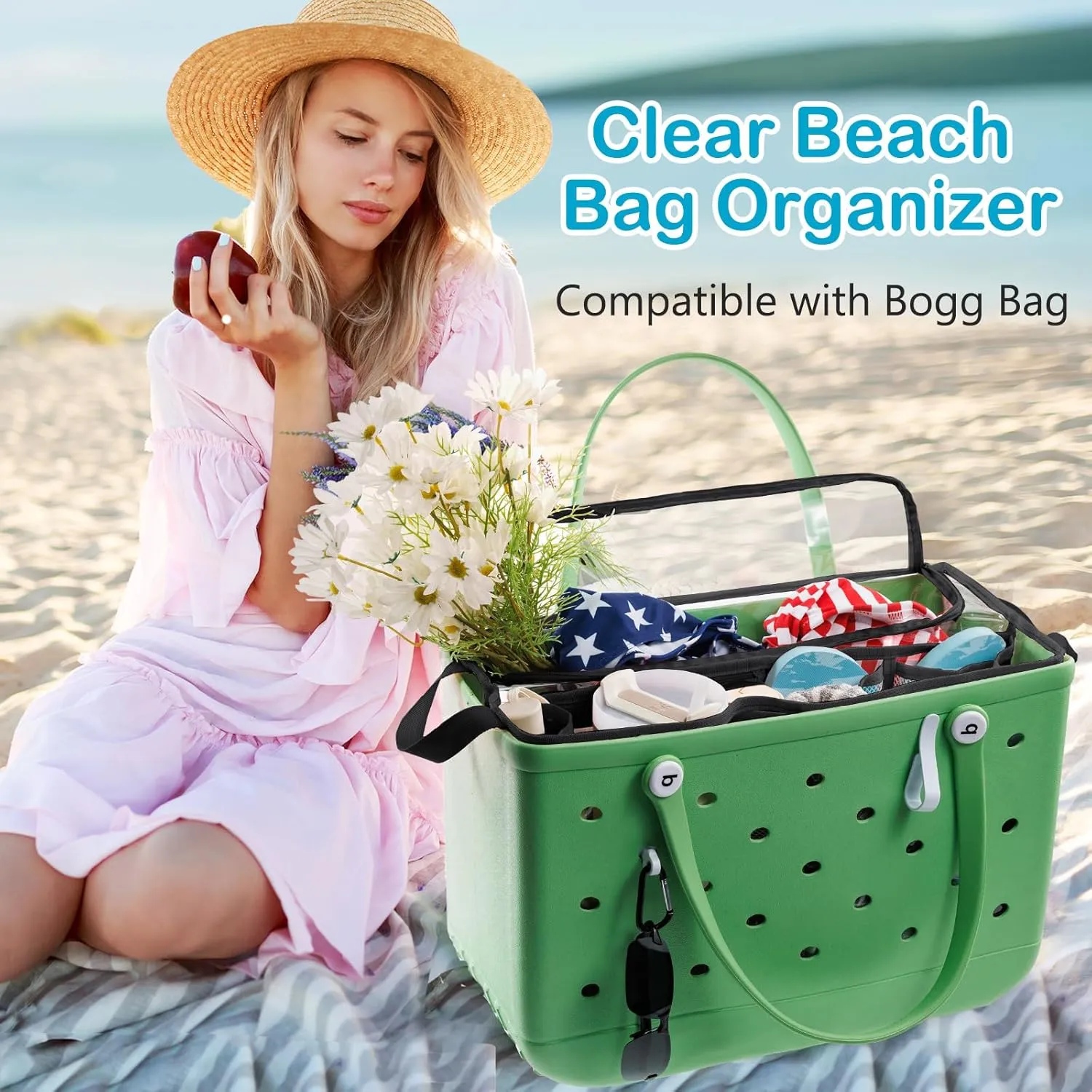 AMOIGEE Clear Beach Bag Organizer Insert with Zipper Closure Lid and 3pcs Accessories for Bogg Bag XL - Tote Insert Bag Divider with Sunglasses Holder, Clips Hooks