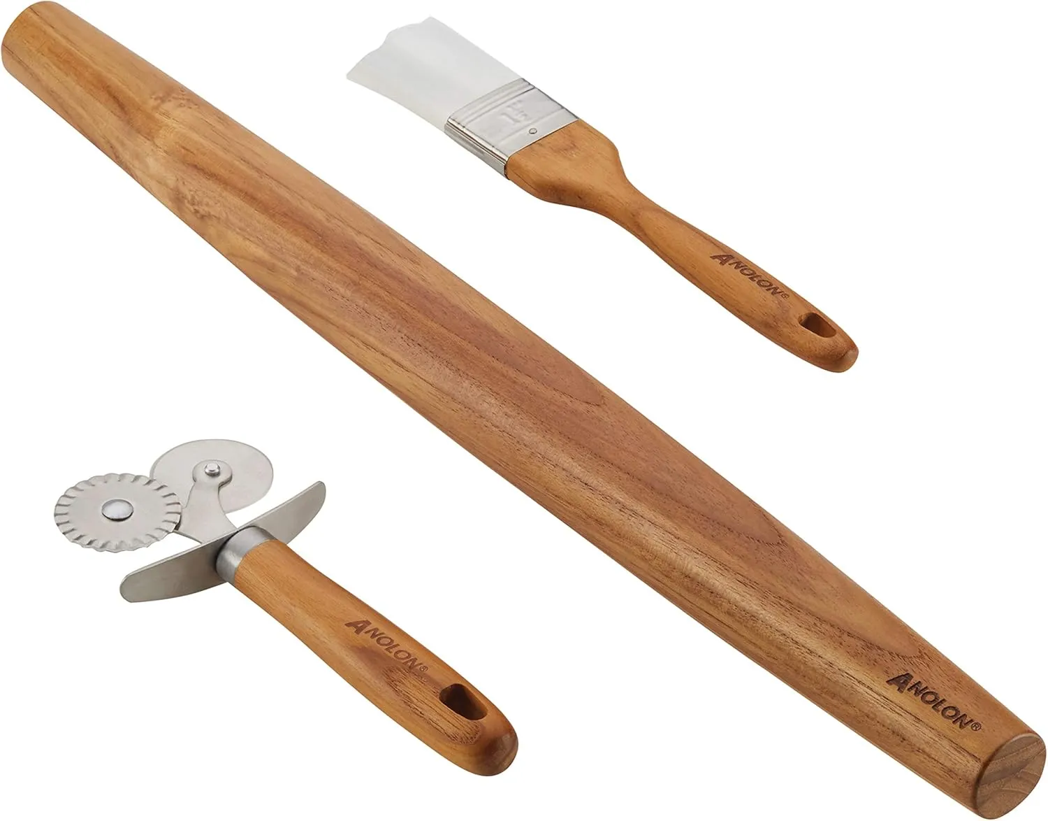 Anolon Tools and Gadgets 3-Piece Prep Set Pastry Wheel Cutter, Pastry Brush, 19" French Rolling Pin