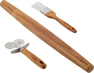 Anolon Tools and Gadgets 3-Piece Prep Set Pastry Wheel Cutter, Pastry Brush, 19" French Rolling Pin