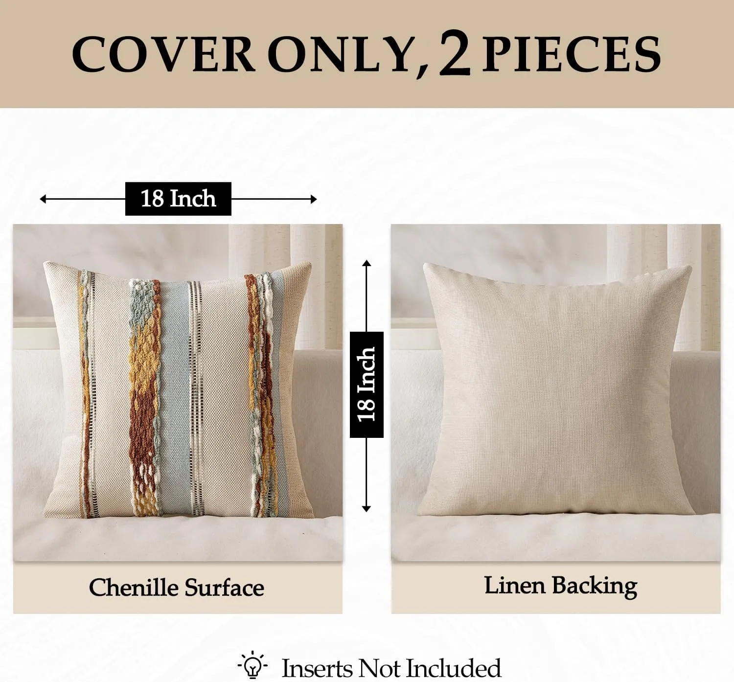 ANRODUO Pack of 2 Boho Decorative Throw Pillow Covers 18x18 Farmhouse Cushion Case Striped Chenille Pillow Cases Square Pillow Covers Accent Neutral Pillowcase for Sofa Couch Bed, Blue-Earth Tones