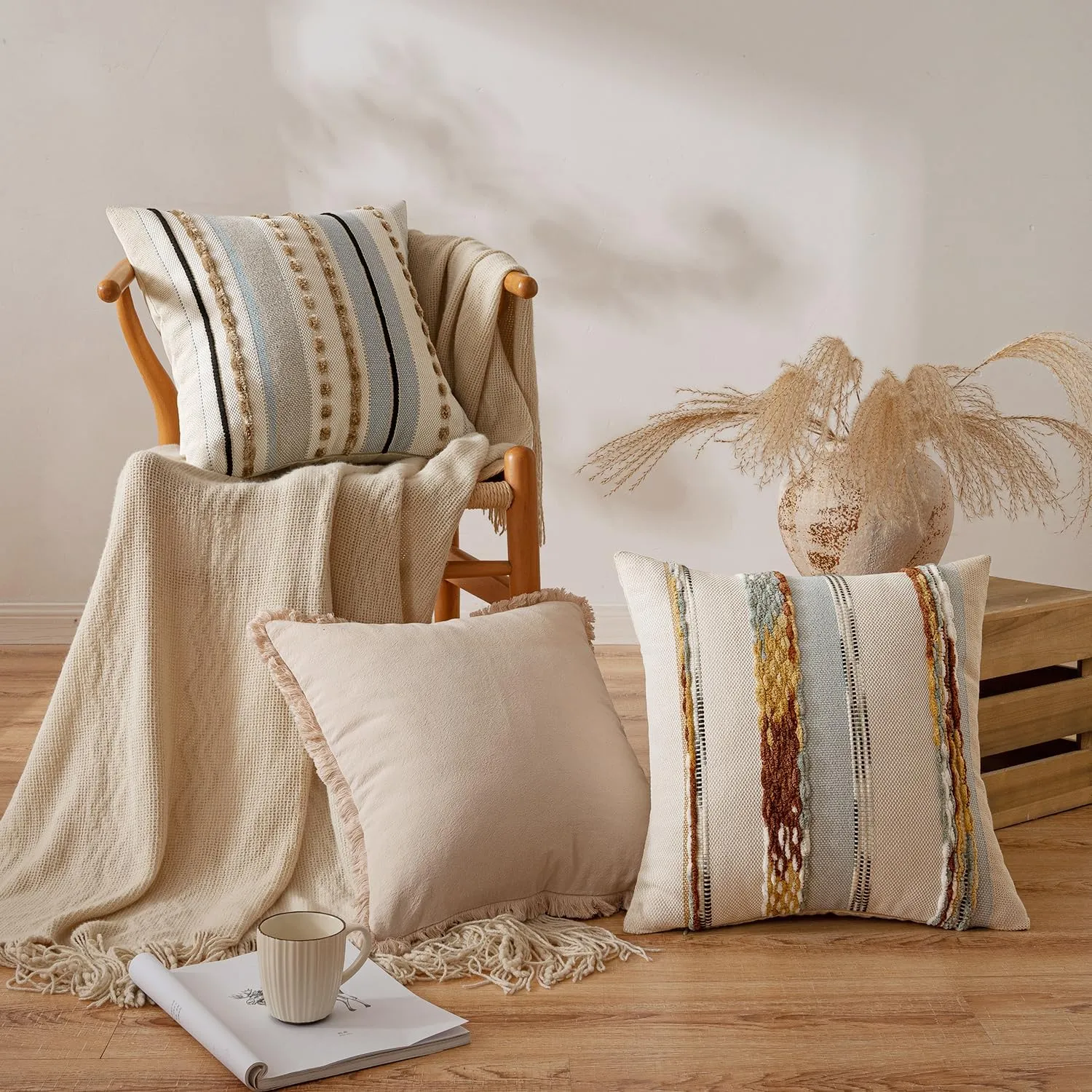 ANRODUO Pack of 2 Boho Decorative Throw Pillow Covers 18x18 Farmhouse Cushion Case Striped Chenille Pillow Cases Square Pillow Covers Accent Neutral Pillowcase for Sofa Couch Bed, Blue-Earth Tones