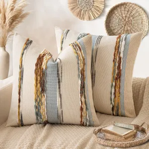 ANRODUO Pack of 2 Boho Decorative Throw Pillow Covers 18x18 Farmhouse Cushion Case Striped Chenille Pillow Cases Square Pillow Covers Accent Neutral Pillowcase for Sofa Couch Bed, Blue-Earth Tones