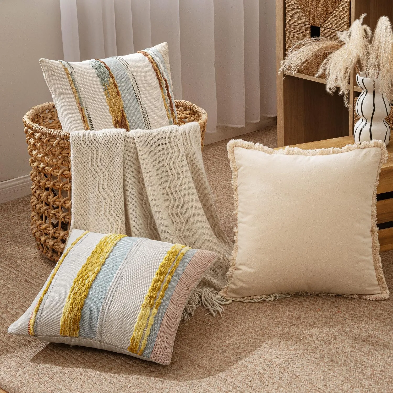ANRODUO Pack of 2 Boho Decorative Throw Pillow Covers 18x18 Farmhouse Cushion Case Striped Chenille Pillow Cases Square Pillow Covers Accent Neutral Pillowcase for Sofa Couch Bed, Blue-Earth Tones