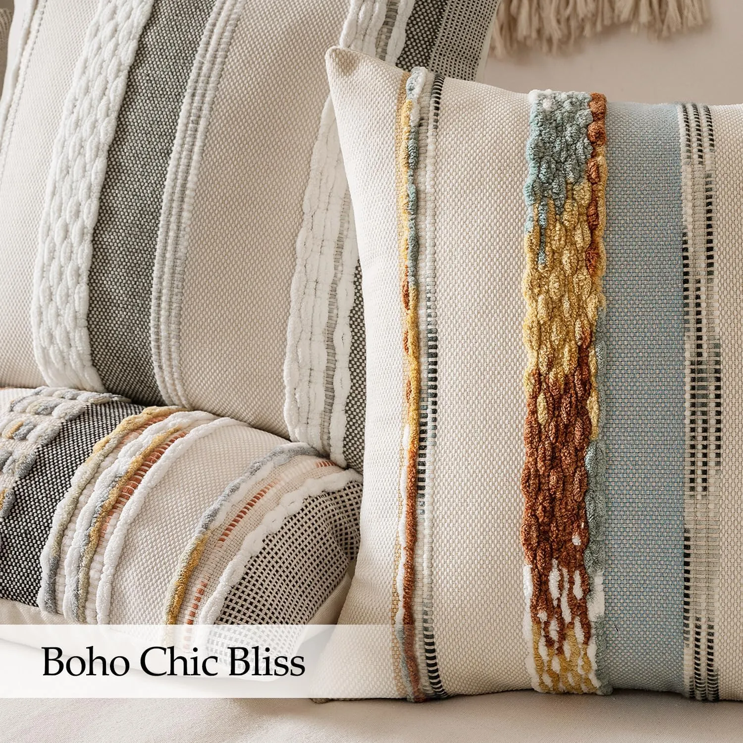 ANRODUO Pack of 2 Boho Decorative Throw Pillow Covers 18x18 Farmhouse Cushion Case Striped Chenille Pillow Cases Square Pillow Covers Accent Neutral Pillowcase for Sofa Couch Bed, Blue-Earth Tones