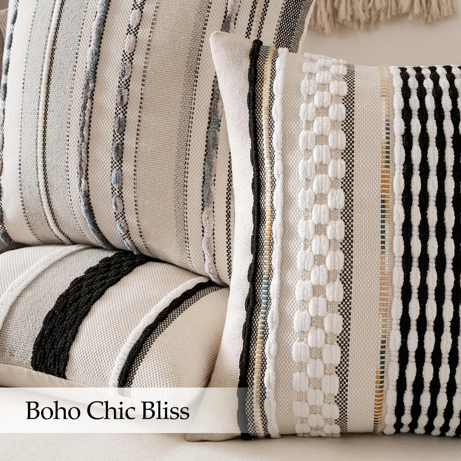 ANRODUO Pack of 2 Boho Decorative Throw Pillow Covers 18x18 Farmhouse Cushion Case Striped Chenille Pillow Cases Square Pillow Covers Accent Neutral Pillowcase for Sofa Couch Bed, Gray Stripe