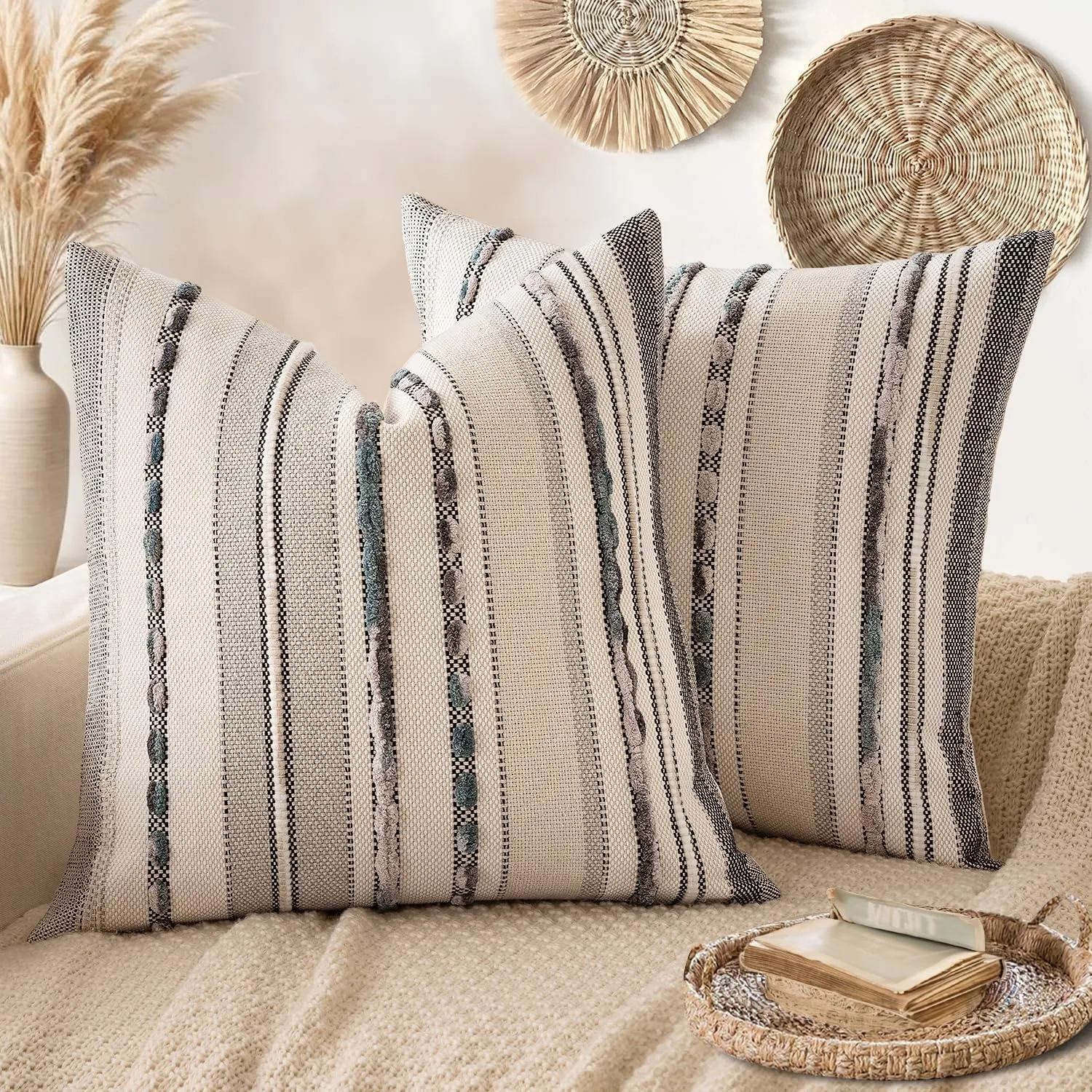 ANRODUO Pack of 2 Boho Decorative Throw Pillow Covers 18x18 Farmhouse Cushion Case Striped Chenille Pillow Cases Square Pillow Covers Accent Neutral Pillowcase for Sofa Couch Bed, Gray Stripe