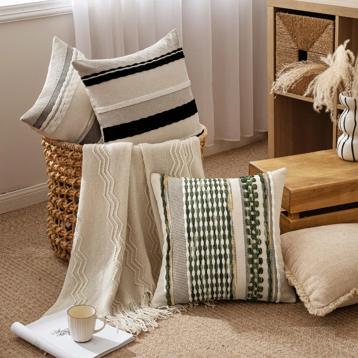 ANRODUO Pack of 2 Boho Decorative Throw Pillow Covers 18x18 Farmhouse Cushion Case Striped Chenille Pillow Cases Square Pillow Covers Accent Neutral Pillowcase for Sofa Couch Bed, Gray Stripe
