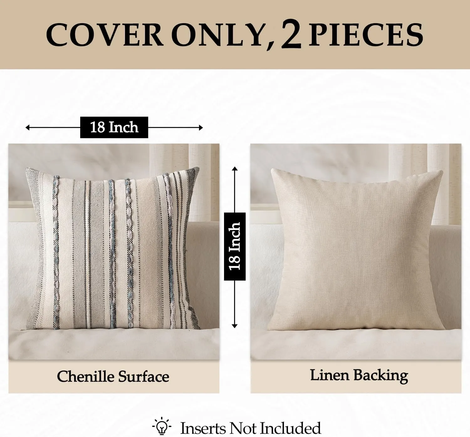 ANRODUO Pack of 2 Boho Decorative Throw Pillow Covers 18x18 Farmhouse Cushion Case Striped Chenille Pillow Cases Square Pillow Covers Accent Neutral Pillowcase for Sofa Couch Bed, Gray Stripe