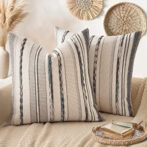 ANRODUO Pack of 2 Boho Decorative Throw Pillow Covers 18x18 Farmhouse Cushion Case Striped Chenille Pillow Cases Square Pillow Covers Accent Neutral Pillowcase for Sofa Couch Bed, Gray Stripe