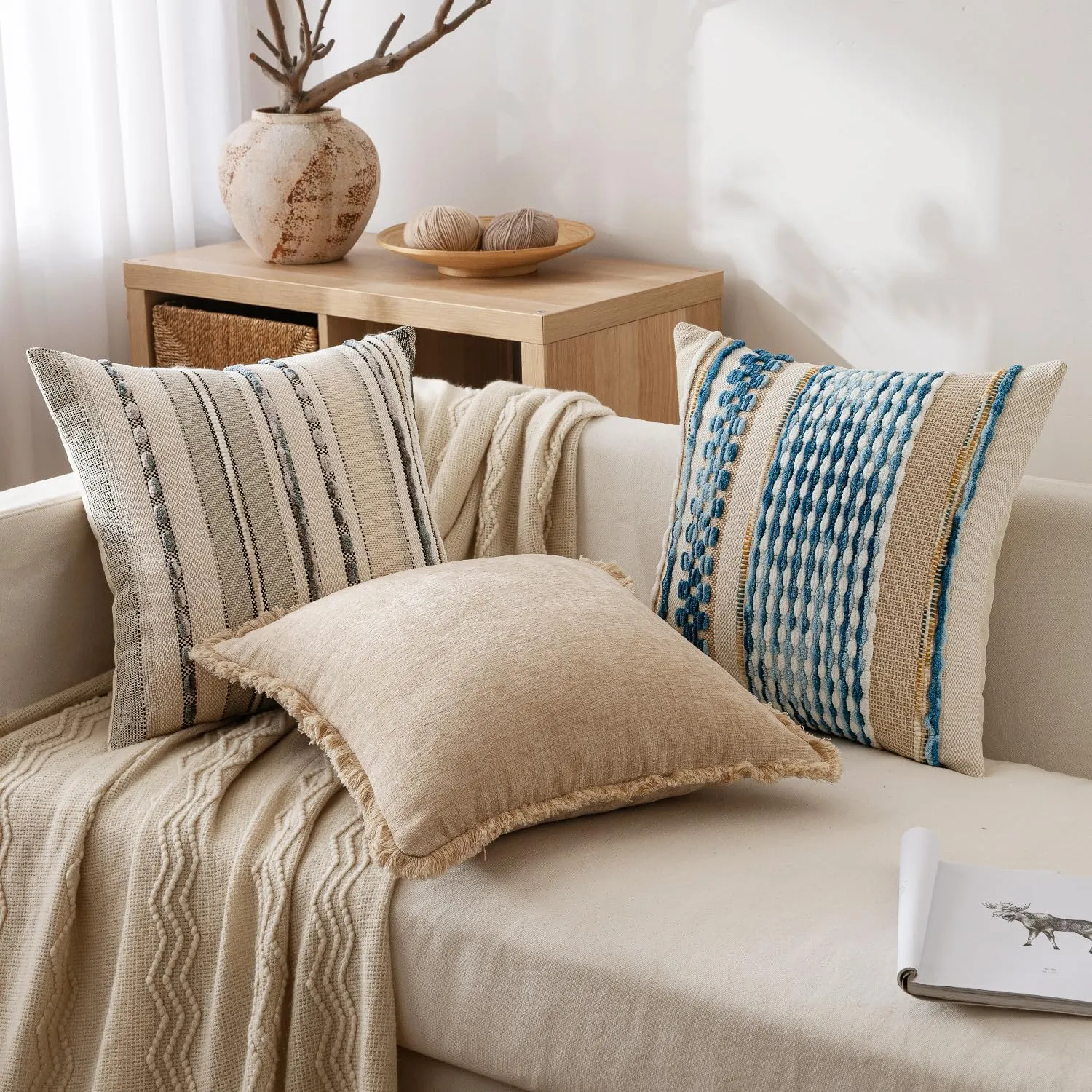 ANRODUO Pack of 2 Boho Decorative Throw Pillow Covers 18x18 Farmhouse Cushion Case Striped Chenille Pillow Cases Square Pillow Covers Accent Neutral Pillowcase for Sofa Couch Bed, Gray Stripe