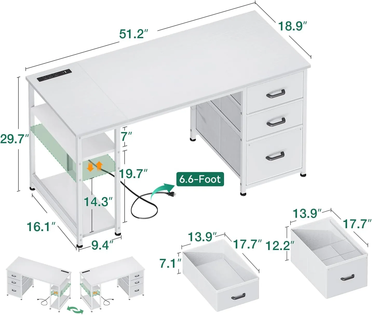 AODK 51 Inch Computer Desk with File Drawers & USB Power Outlets- Reversible Home Office Desk with Storage Shelves, Work from Home, Modern Work/Writing/Study Table for Bedroom, White