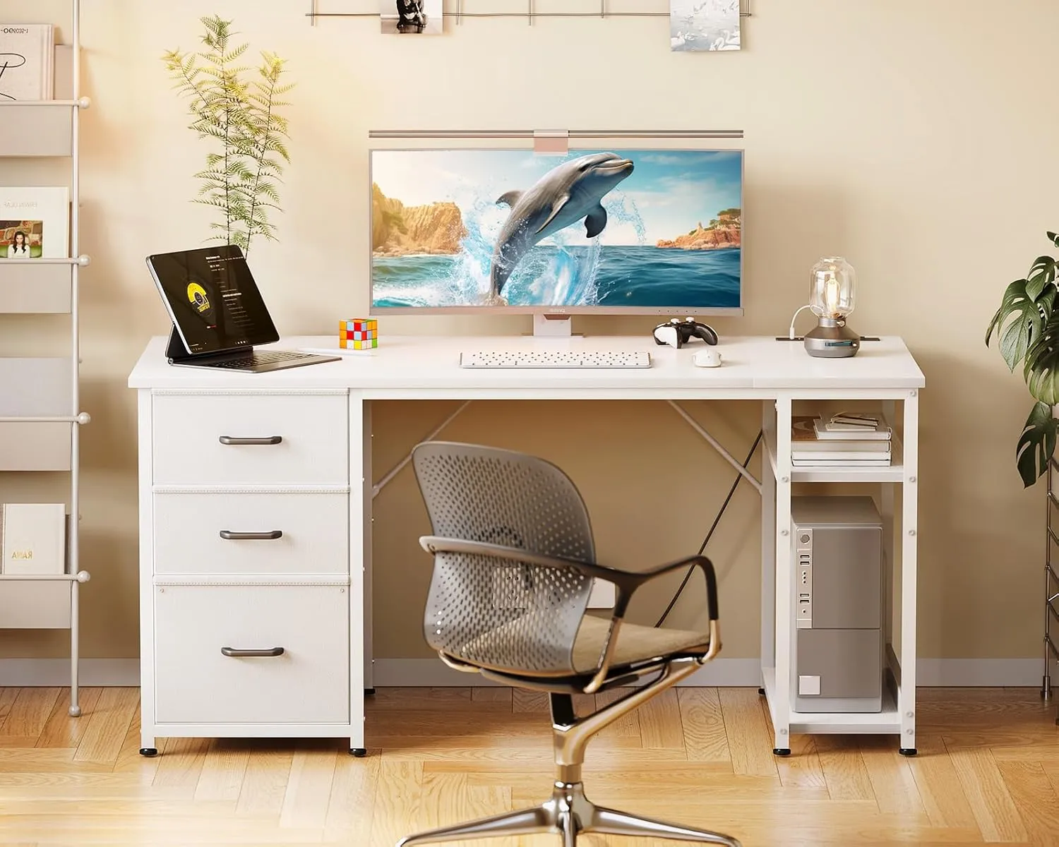 AODK 51 Inch Computer Desk with File Drawers & USB Power Outlets- Reversible Home Office Desk with Storage Shelves, Work from Home, Modern Work/Writing/Study Table for Bedroom, White