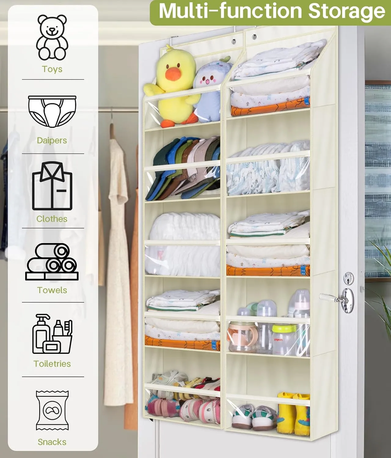 AOODA 2 Pack Over the Door Organizer, Large Capacity Closet Door Hanging Organizer, Clear Deep Pockets Baby Storage for Nursery, Bathroom, Bedroom, Pantry, Diapers (Light Beige)