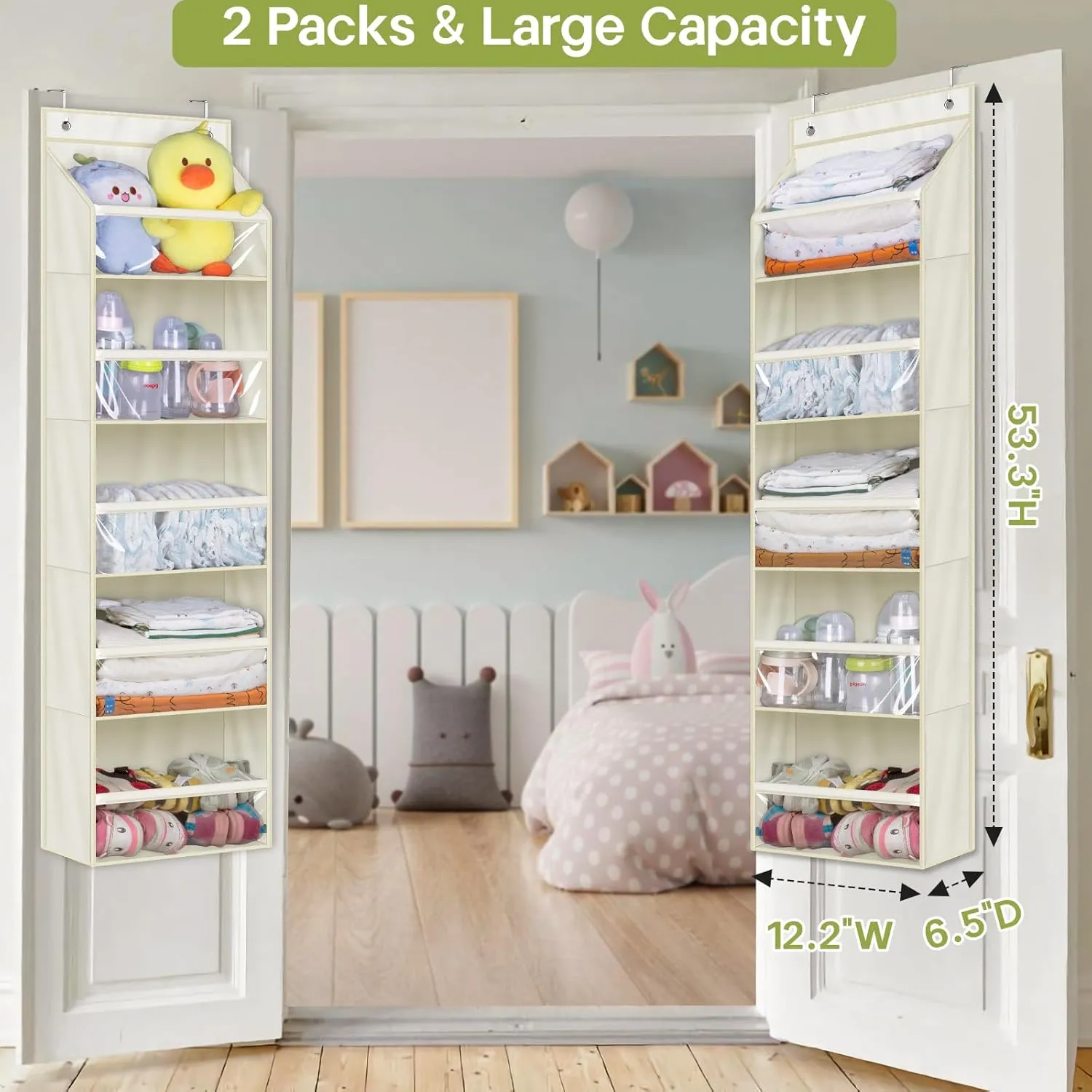 AOODA 2 Pack Over the Door Organizer, Large Capacity Closet Door Hanging Organizer, Clear Deep Pockets Baby Storage for Nursery, Bathroom, Bedroom, Pantry, Diapers (Light Beige)