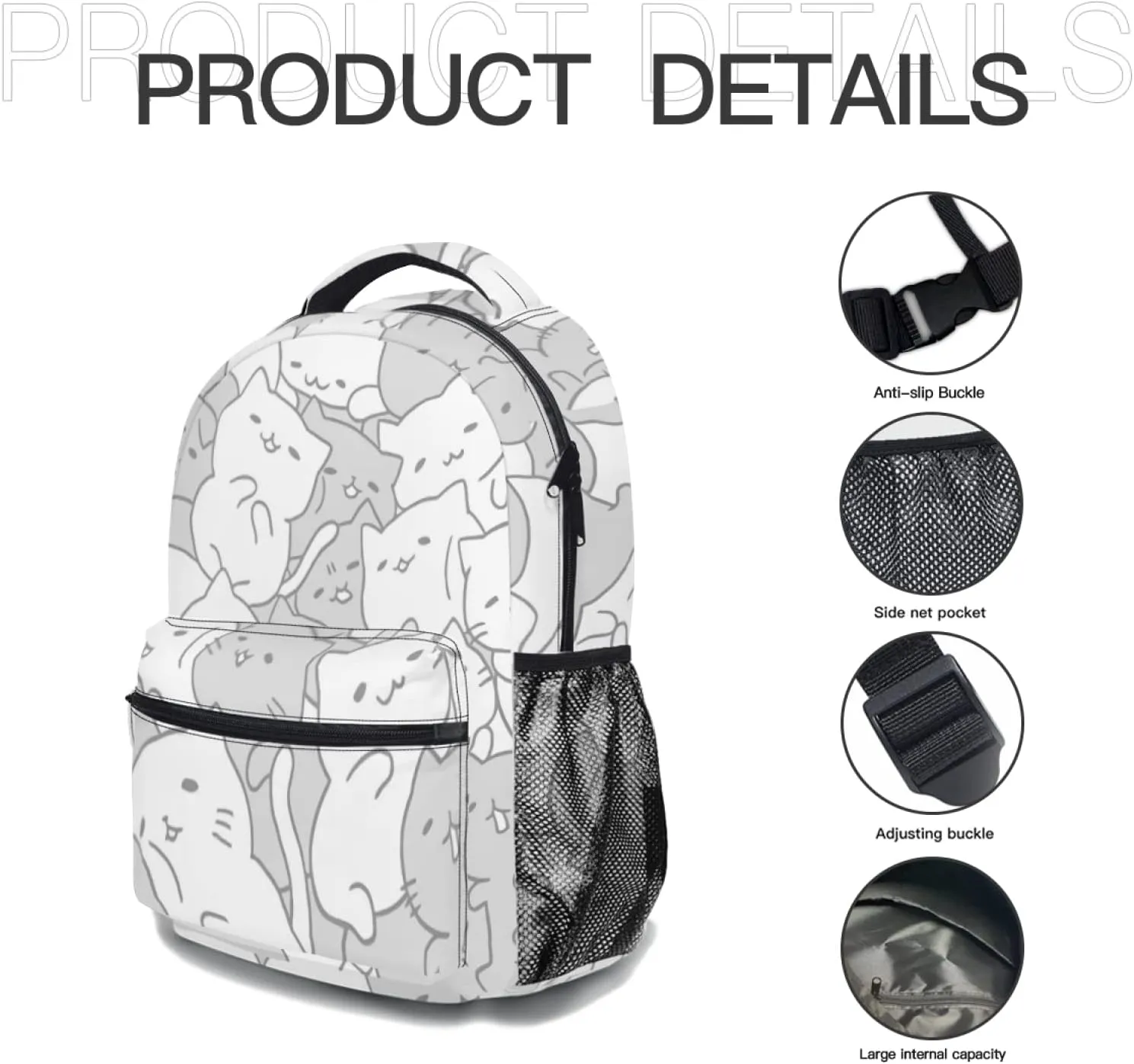 aportt Cute Cat Backpack for Boys Girls Kawaii Kitties Durable Casual Basic Kids Bookbag White Grey Lightweight School Bag for Teens Students Travel Daypack