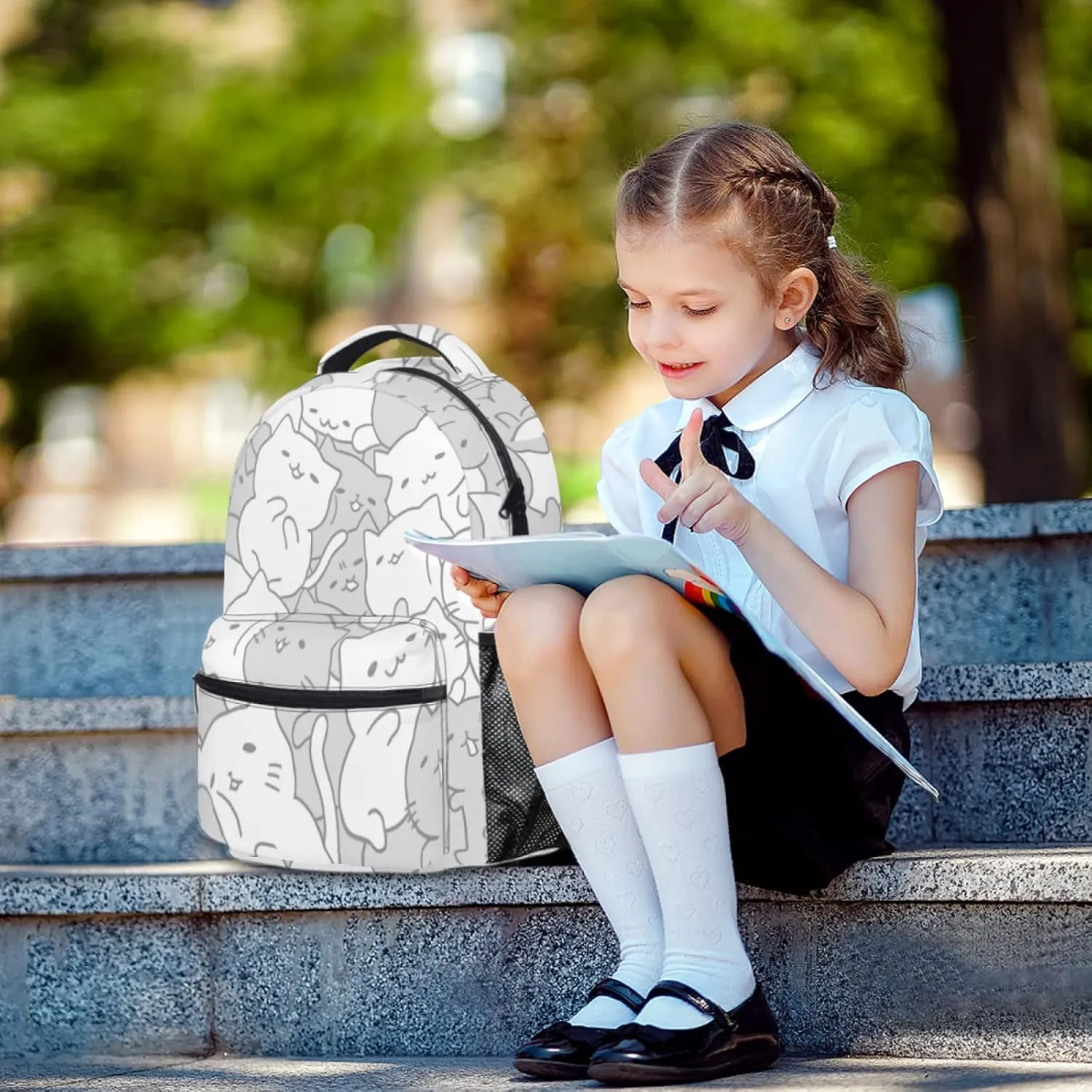 aportt Cute Cat Backpack for Boys Girls Kawaii Kitties Durable Casual Basic Kids Bookbag White Grey Lightweight School Bag for Teens Students Travel Daypack