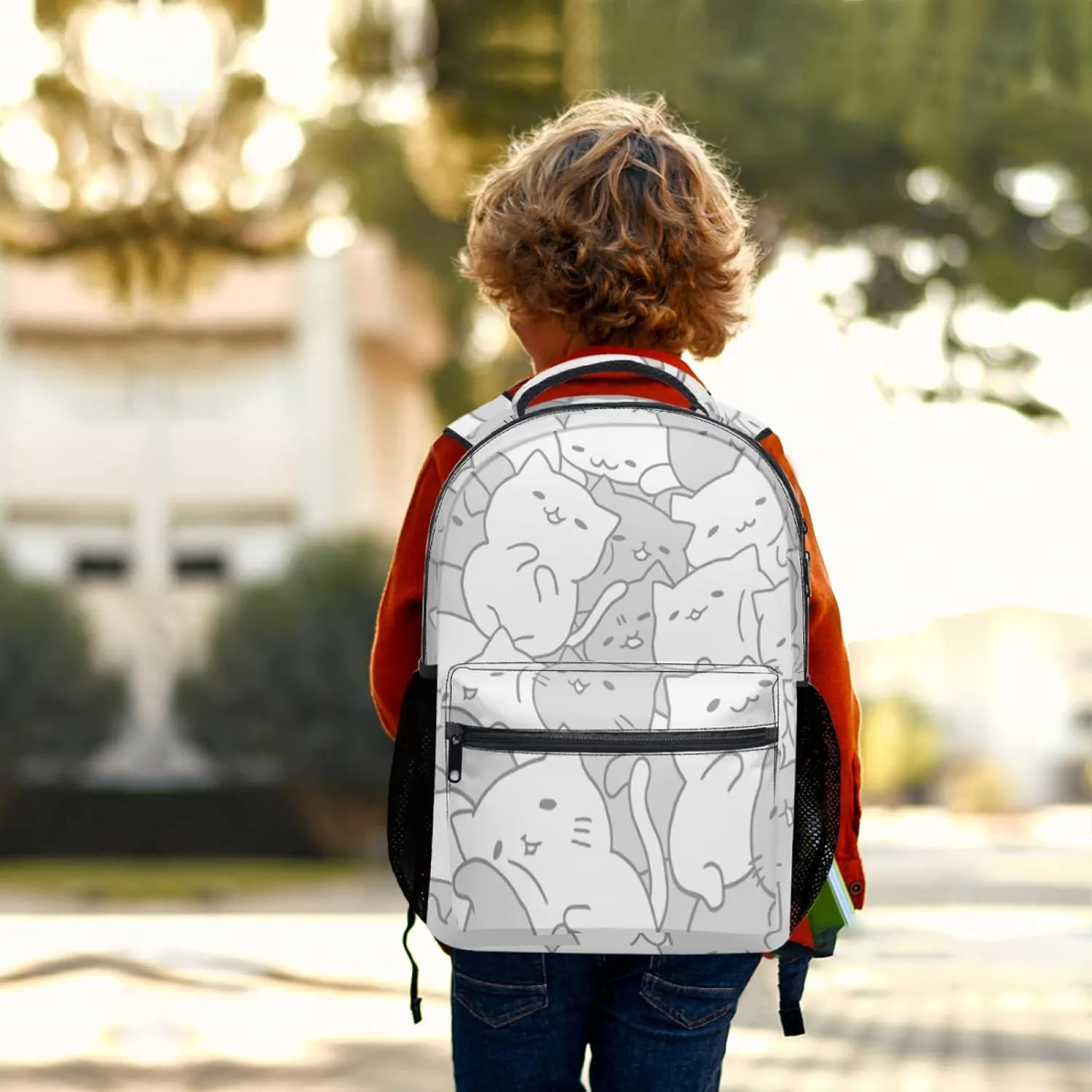 aportt Cute Cat Backpack for Boys Girls Kawaii Kitties Durable Casual Basic Kids Bookbag White Grey Lightweight School Bag for Teens Students Travel Daypack