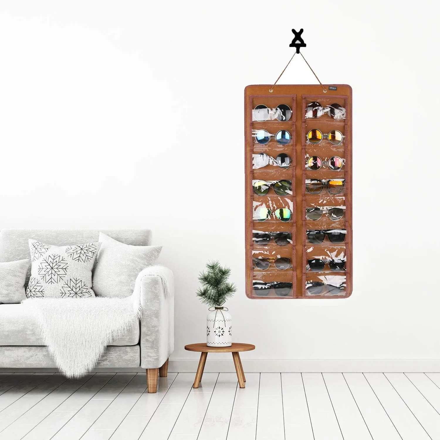 AROUY Sunglasses Organizer - Hanging Wall Pocket with 16 Felt Slots, Metal Hook and Sturdy Rope (Brown, Dust Proof)