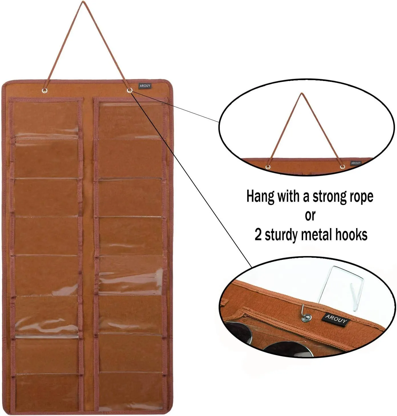 AROUY Sunglasses Organizer - Hanging Wall Pocket with 16 Felt Slots, Metal Hook and Sturdy Rope (Brown, Dust Proof)