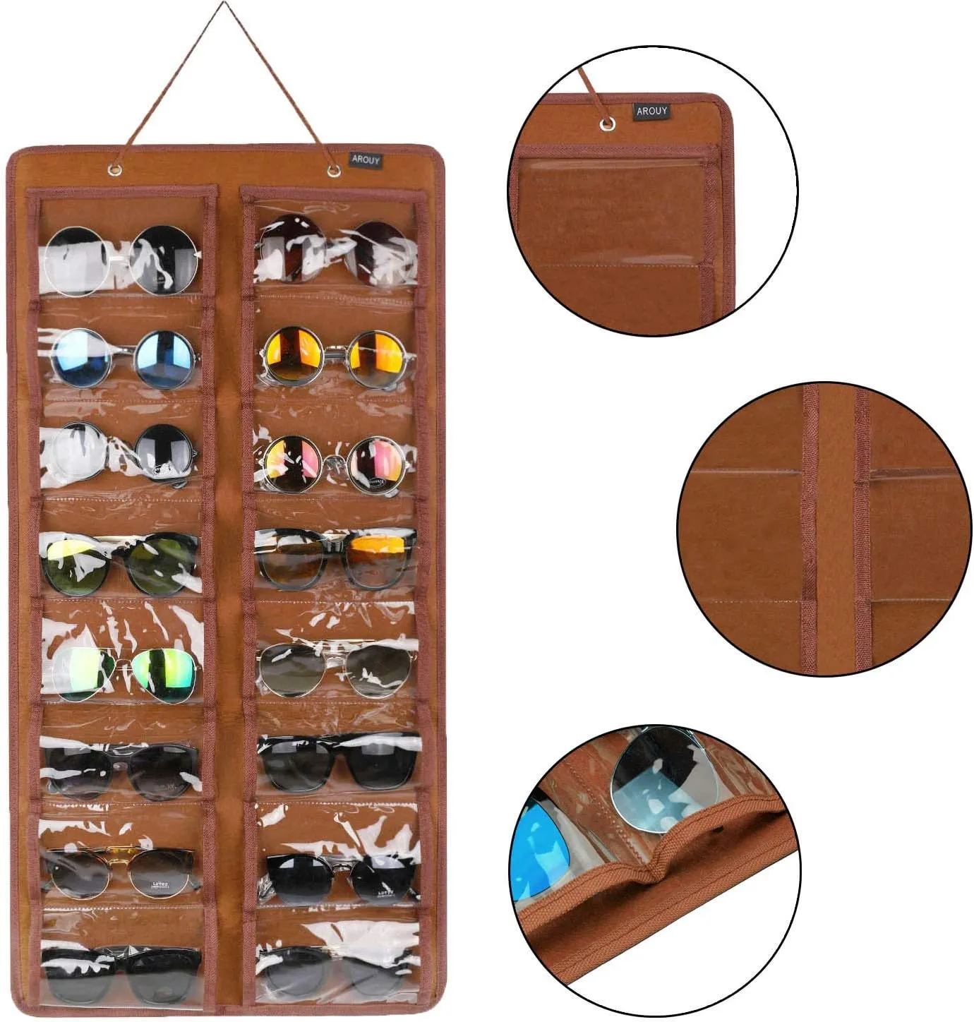 AROUY Sunglasses Organizer - Hanging Wall Pocket with 16 Felt Slots, Metal Hook and Sturdy Rope (Brown, Dust Proof)