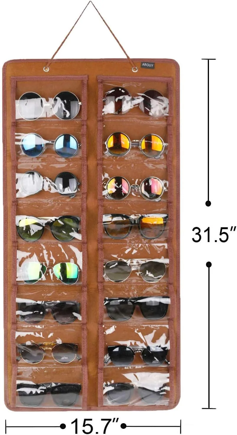 AROUY Sunglasses Organizer - Hanging Wall Pocket with 16 Felt Slots, Metal Hook and Sturdy Rope (Brown, Dust Proof)