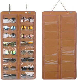 AROUY Sunglasses Organizer - Hanging Wall Pocket with 16 Felt Slots, Metal Hook and Sturdy Rope (Brown, Dust Proof)