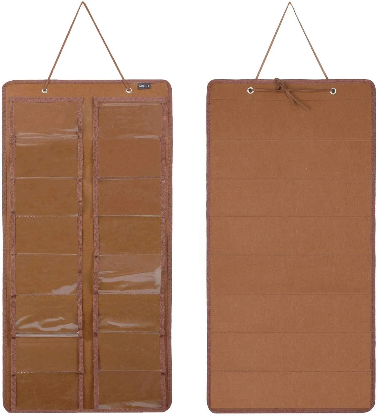 AROUY Sunglasses Organizer - Hanging Wall Pocket with 16 Felt Slots, Metal Hook and Sturdy Rope (Brown, Dust Proof)