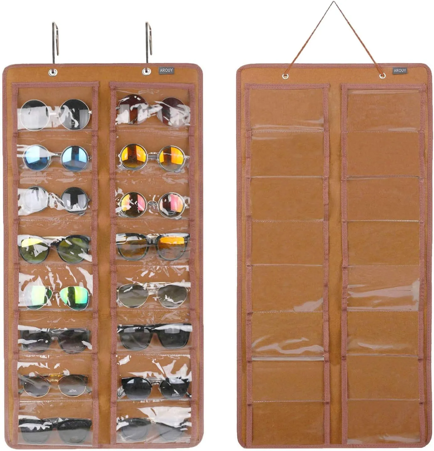 AROUY Sunglasses Organizer - Hanging Wall Pocket with 16 Felt Slots, Metal Hook and Sturdy Rope (Brown, Dust Proof)