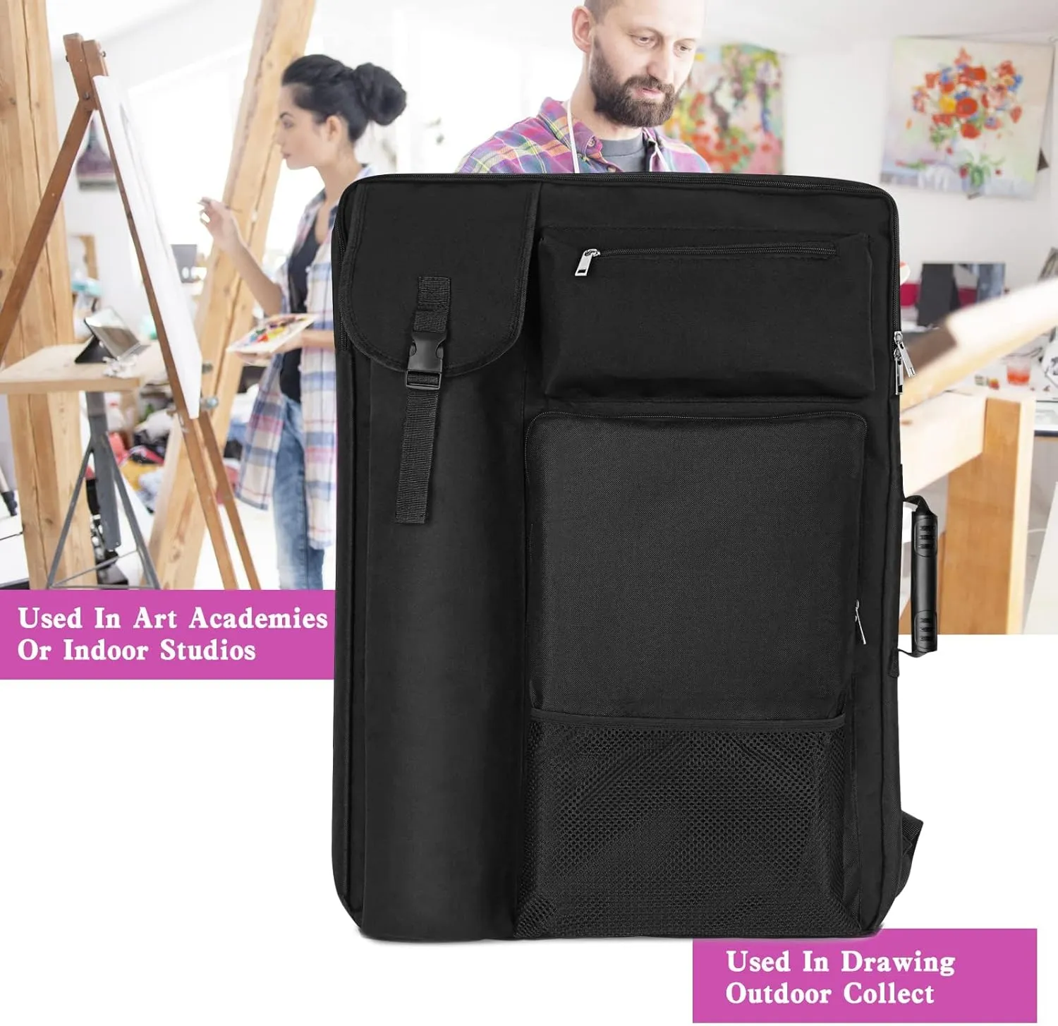 Art Portfolio Case 18 X 24,Art Portfolio With Backpack & Tote Bag For Artwork,Medium Artist Case Size(Black)