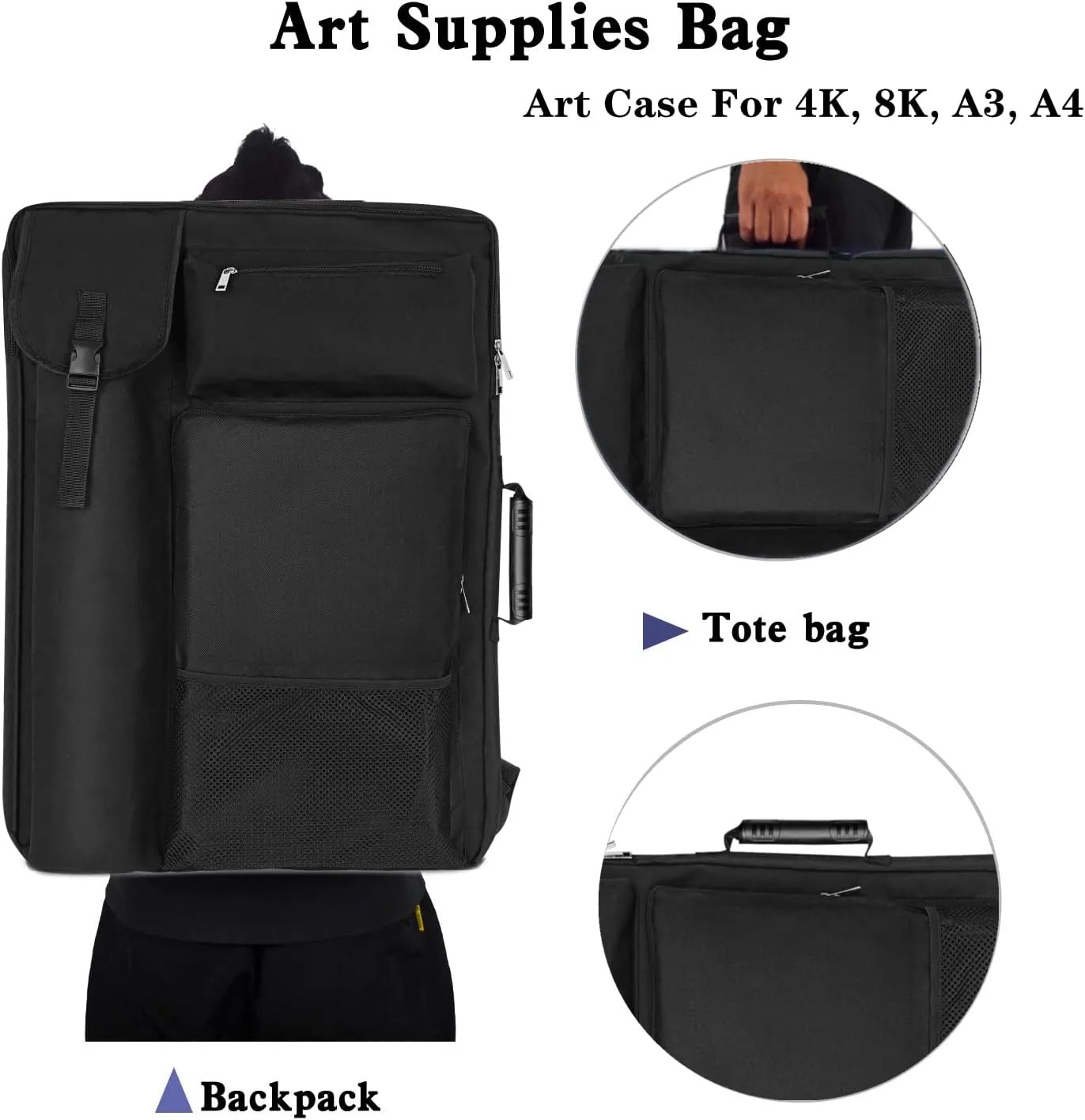 Art Portfolio Case 18 X 24,Art Portfolio With Backpack & Tote Bag For Artwork,Medium Artist Case Size(Black)