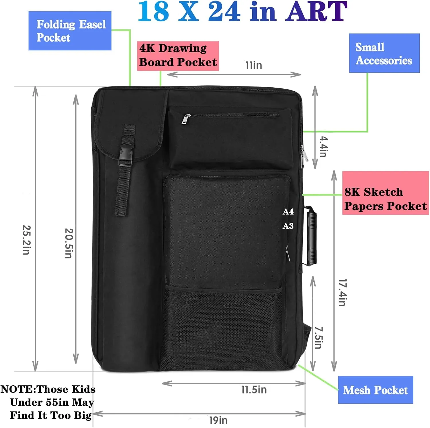 Art Portfolio Case 18 X 24,Art Portfolio With Backpack & Tote Bag For Artwork,Medium Artist Case Size(Black)