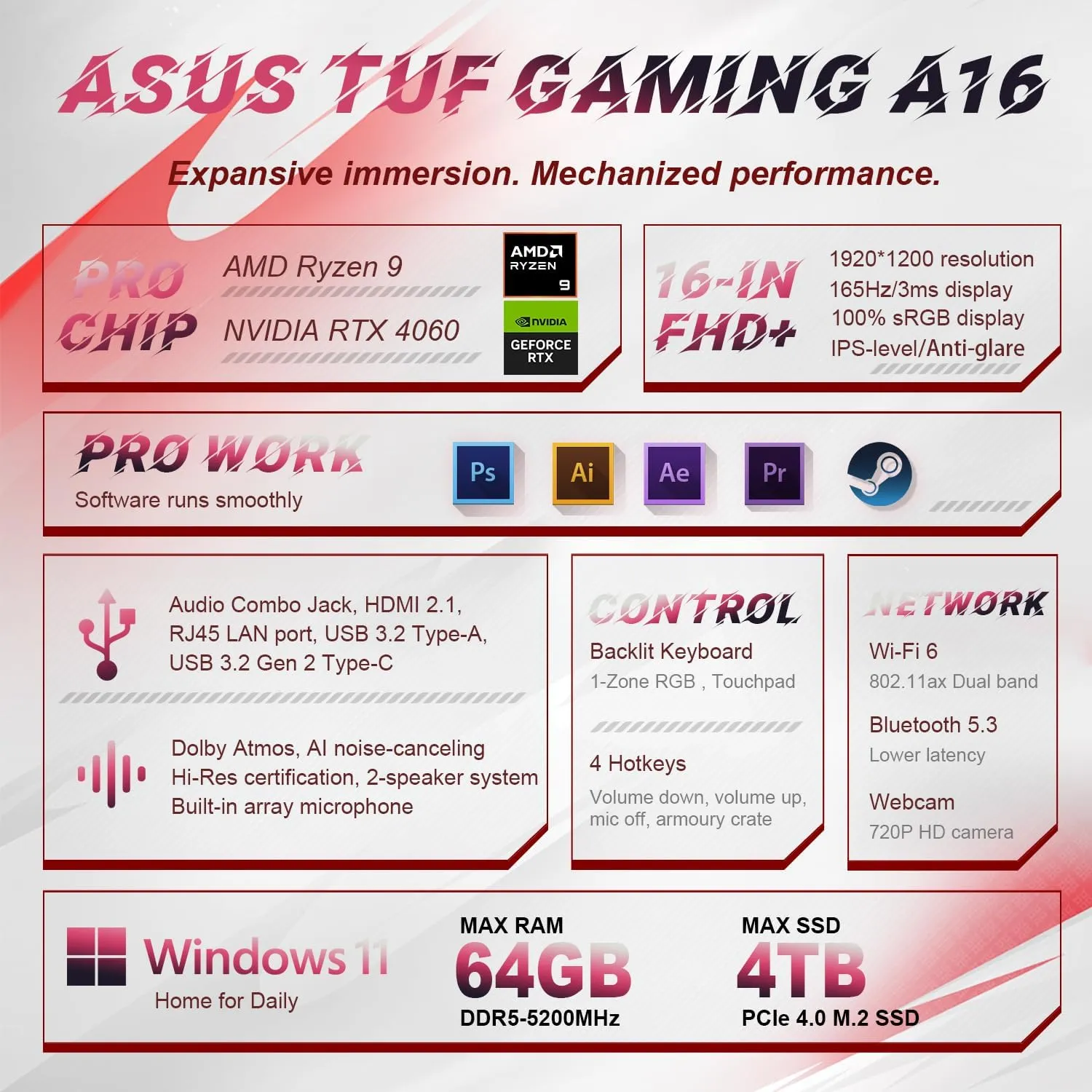 ASUS TUF 16" AMD Ryzen 9 RTX 4060 Gaming Laptop, 16" FHD 1920 x 1200 165Hz, NVIDIA GeForce RTX 4060, 32GB DDR5 RAM, 1TB SSD, Wi-Fi 6, RJ45, Windows 11 H, with Targus Universal Docking Station