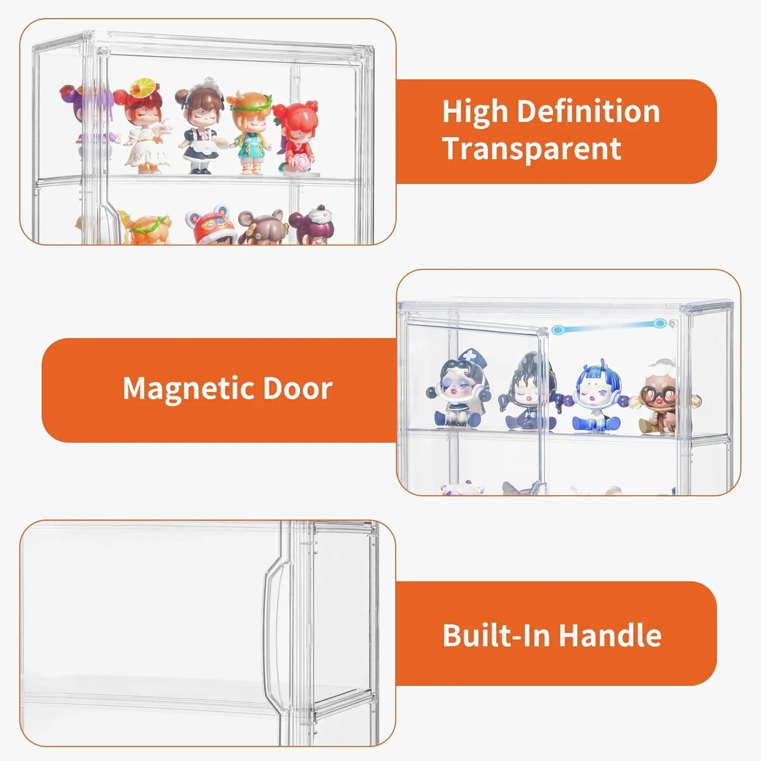 Attelite Acrylic Display Cases for Collectibles, 2 Pack 3 Layer Clear Display Case with Magnetic Door,Desktop Clear Showcase with 2 Adjustable Divider Storage Box for Action Figure