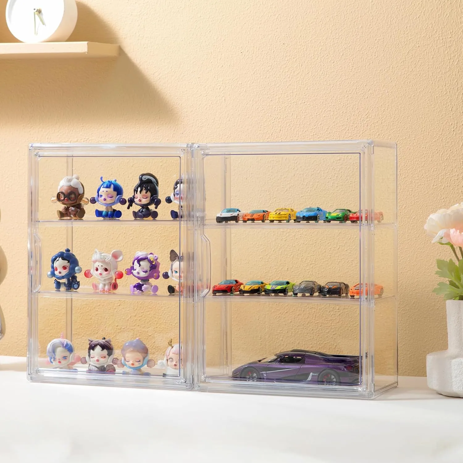 Attelite Acrylic Display Cases for Collectibles, 2 Pack 3 Layer Clear Display Case with Magnetic Door,Desktop Clear Showcase with 2 Adjustable Divider Storage Box for Action Figure